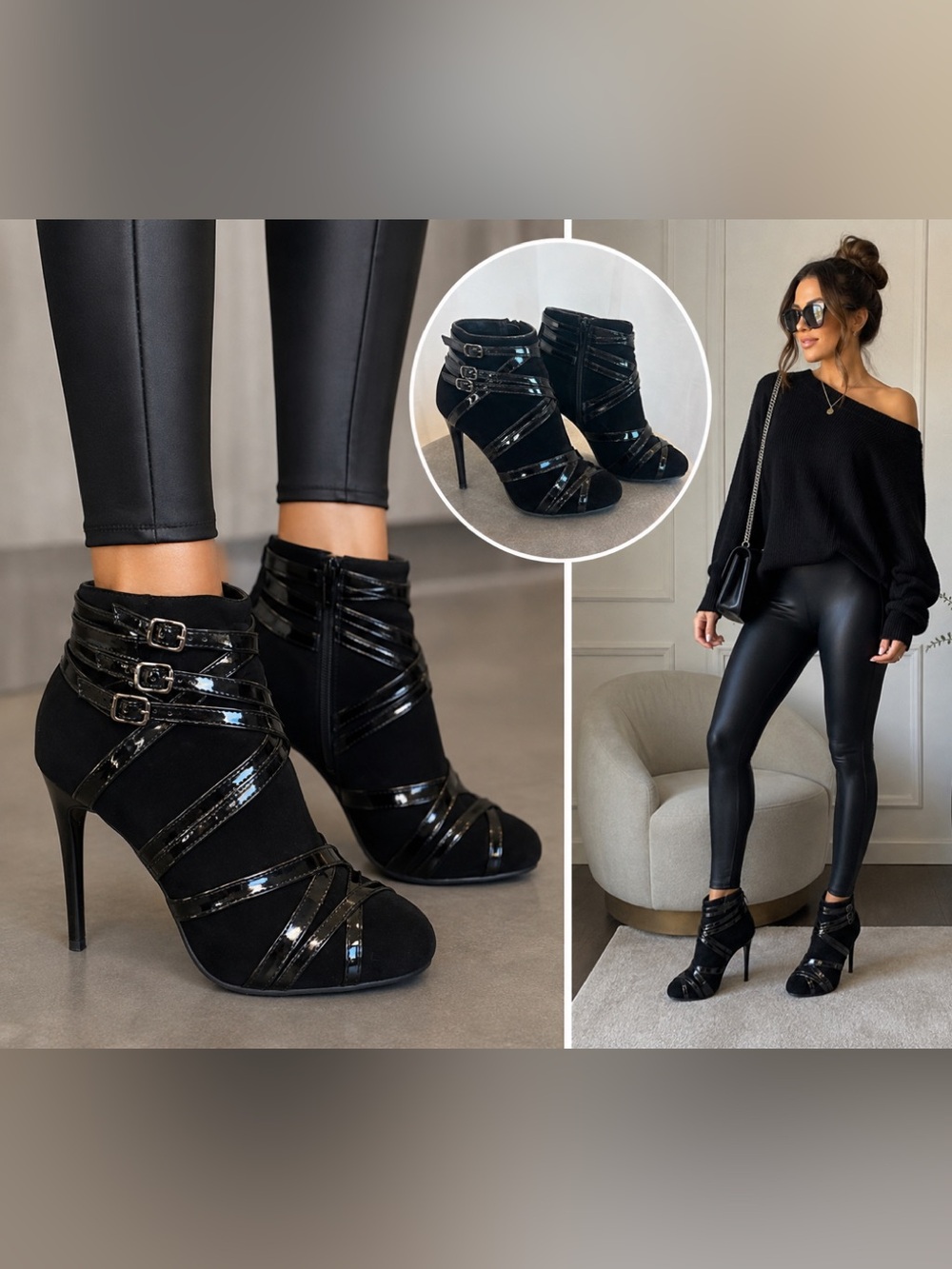 Black Velvet Faux Patent Strappy Stiletto Ankle Booties Size 9